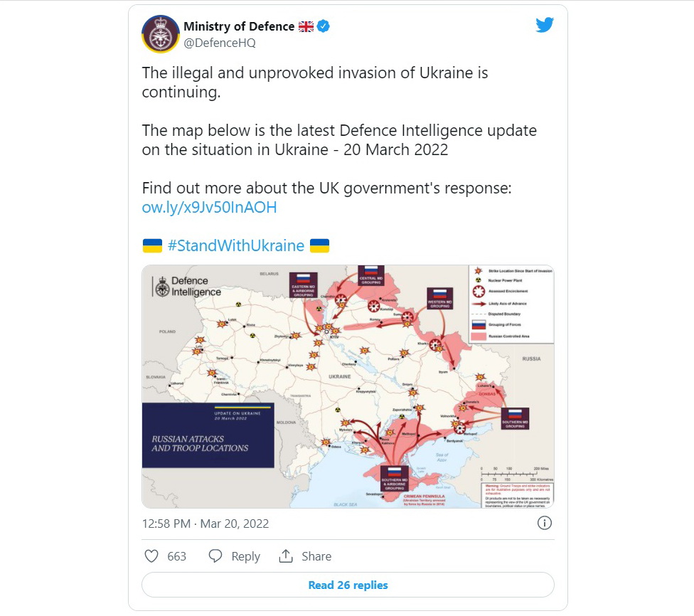 Day 25th of Ukraine's Defense Against Russian Invasion, he UK Ministry of Defence says Russia has made “limited progress” over the past week in capturing cities it has encircled, Defense Express