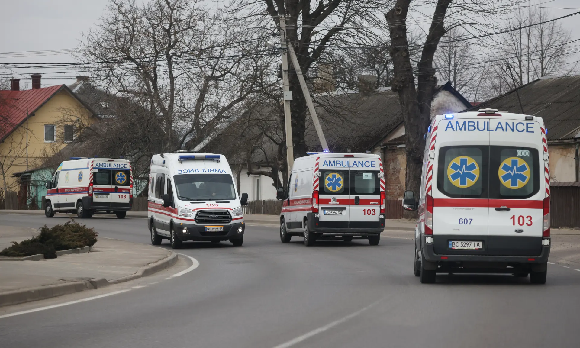 Ambulances are seen traveling to and from the Yavoriv military facility