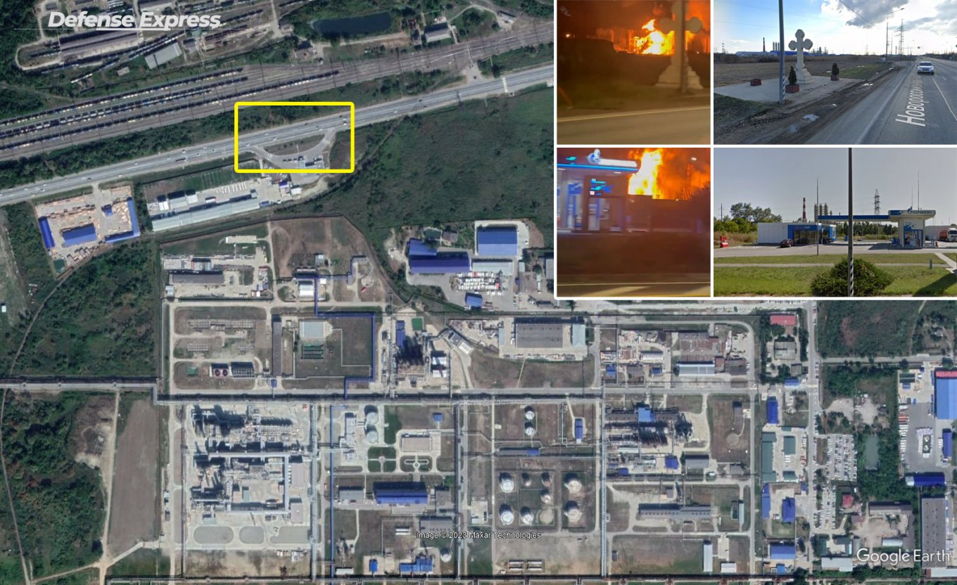 the car with the camera is moving along the E115 highway in the immediate vicinity of the oil refinery itself, A Stunning Video of Consequences of Unknown Drones Attack on a Russian Oil Refinery is Spreading on the Internet, Defense Express