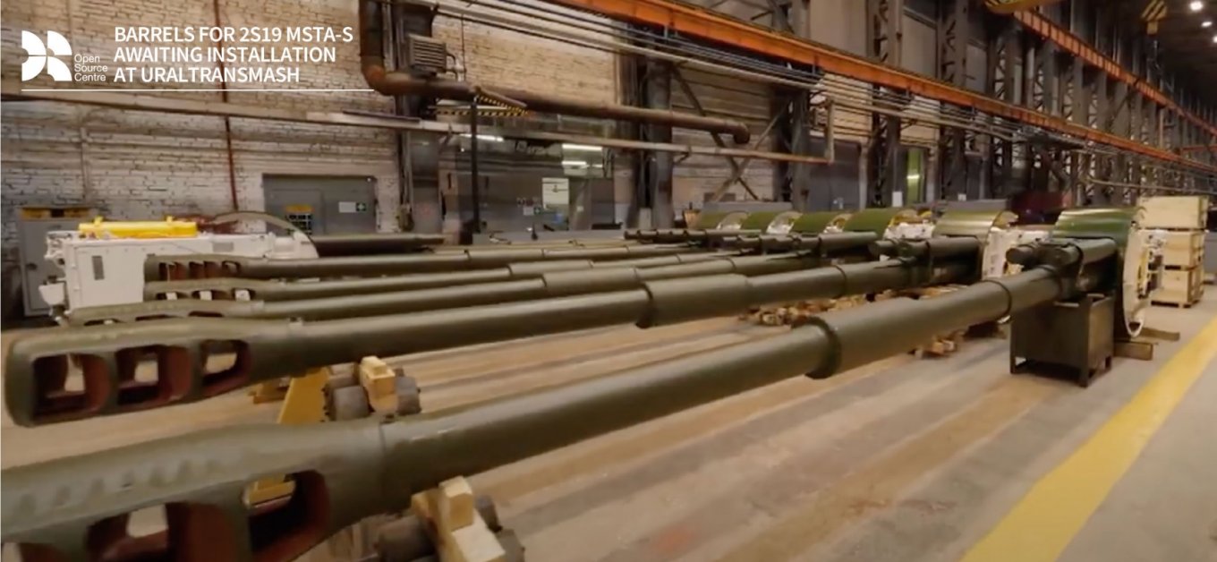 Cannon units for Msta-S, made by Volgograd-based Titan-Barrikady Plant ready for assembly at Uraltransmash in Yekaterinburg, April 2023. Caption: RUSI / Defense Express / Artillery Barrel Production in russia: Structure, Importance, and Weak Points