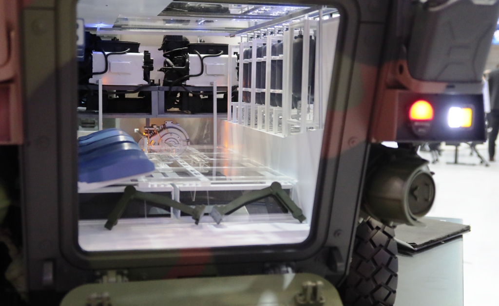 Troop compartment of the H2 WAVe amphibious APC model at ADEX 2025