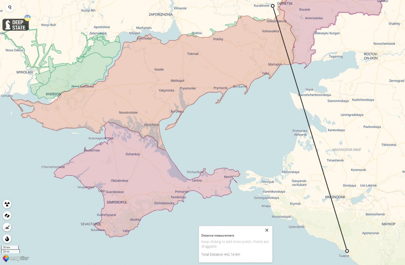 Distance from Ukrainian positions to Tuapse