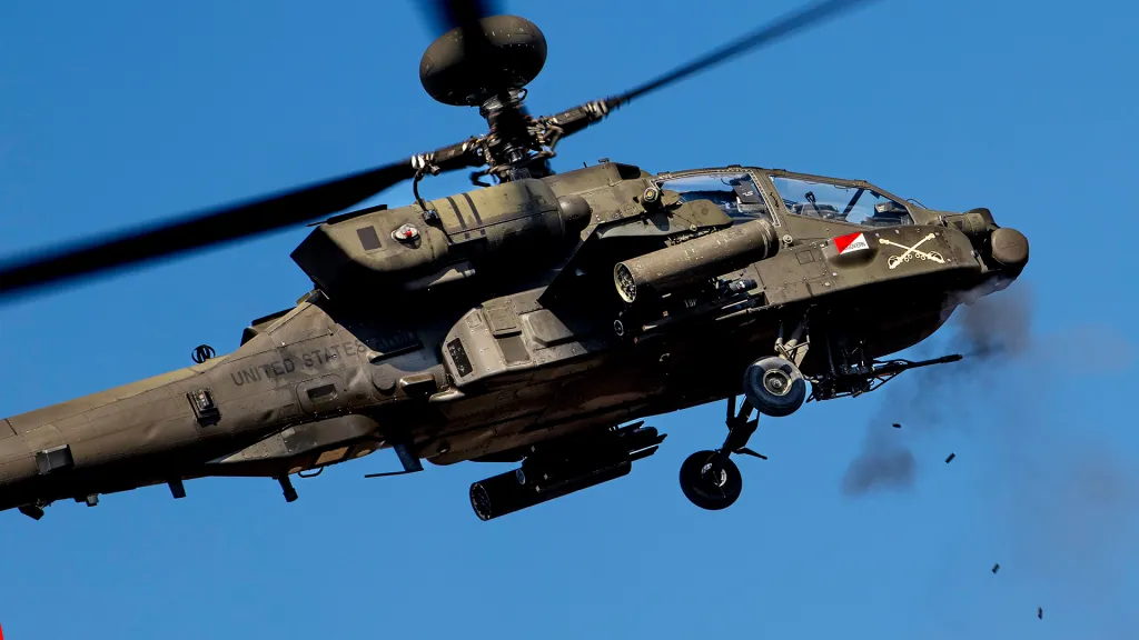 M230 automatic cannon fire from AH-64 Apache attack helicopter