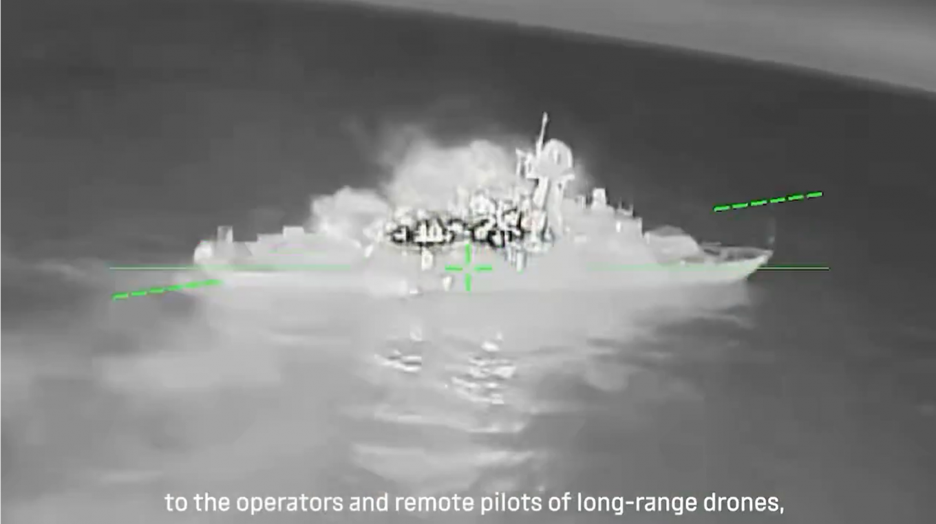 Project 21630 Buyan small artillery ship in FP-1 SOF drone crosshairs moment before second strike, large fire visible on board / Open source photo