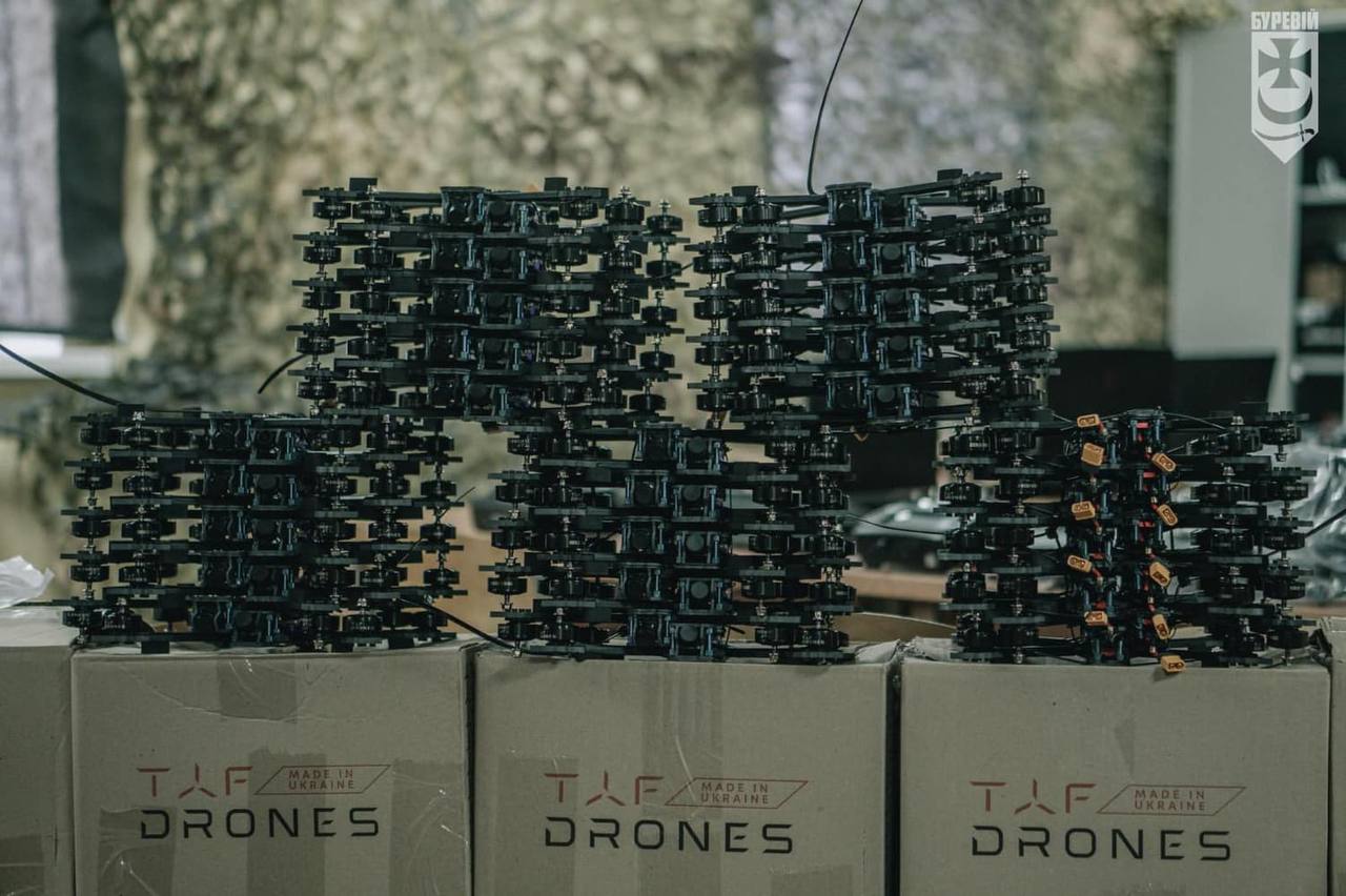 A stack of Kolibri FPV drones made by TAF Drones and delivered to the front line