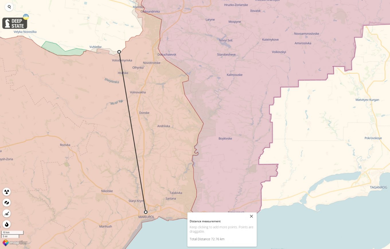 Distance between the current frontline, according to Deep State OSINT project, and the city of Mariupol