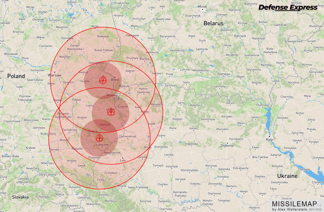 The target destruction range of 160 km and 60 km based on possible spots for Patriot deployment
