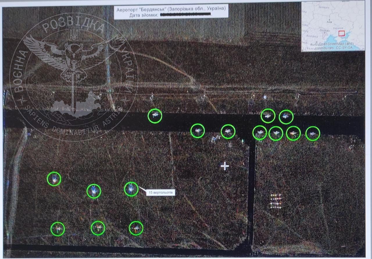 Berdiansk Airport, Zaporizhzhia region, occupied southern Ukraine. 15 russian helicopters highlighted / SAR image credit: Defense Intelligence of Ukraine