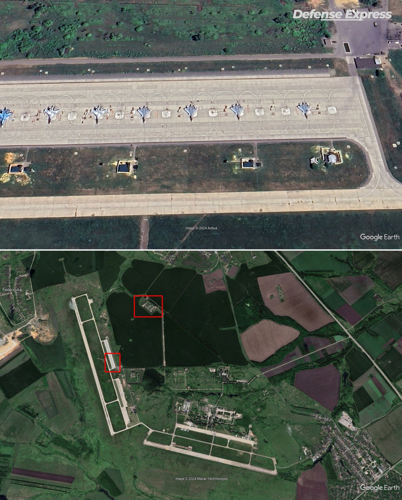 The apron with Su-57s parked, and the ammunition depot highlighted in the red box, April 2023 / Defense Express / Lipetsk Air Base Hosted russian Su-57 Before Ukrainian Drone Strike