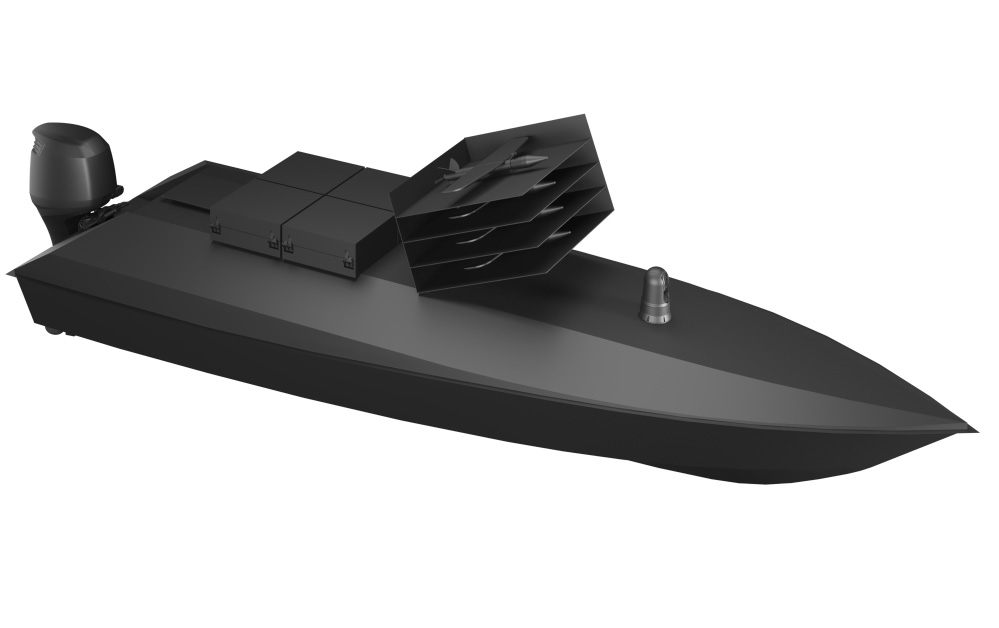 A 3D model of the Katran X1 with FPV drones in the rear section of the hull and Osa drones housed in a launcher at the center of the hull