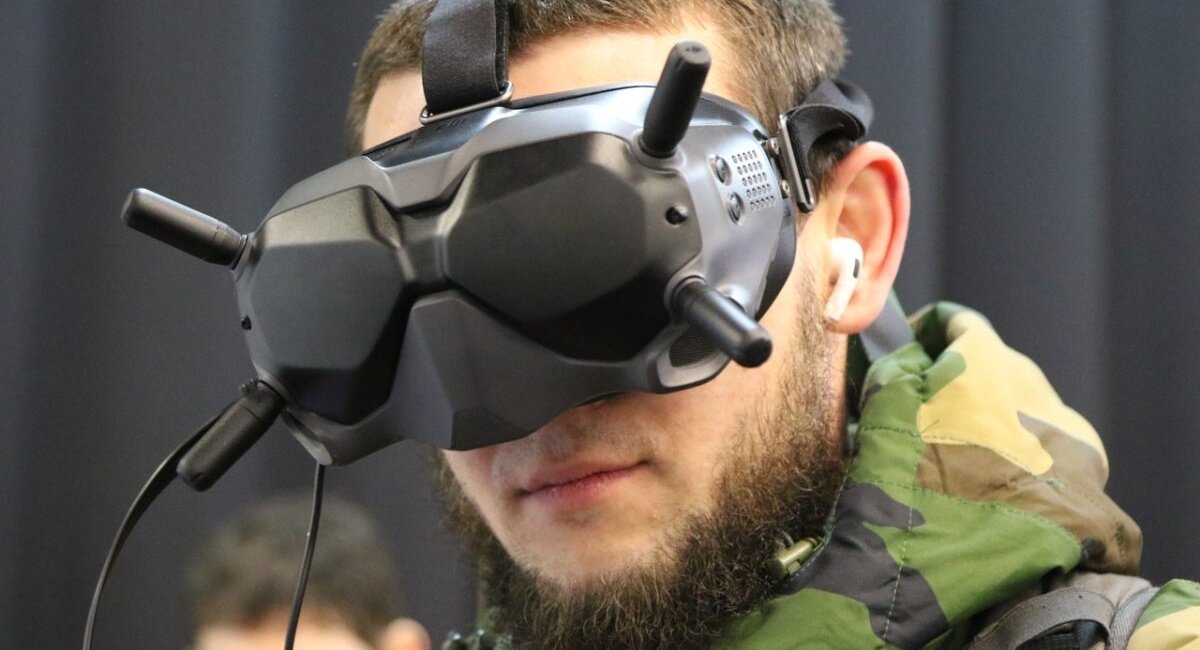 A Ukrainian military serviceman in a special headset for controlling the FPV drone, ArmyInform
