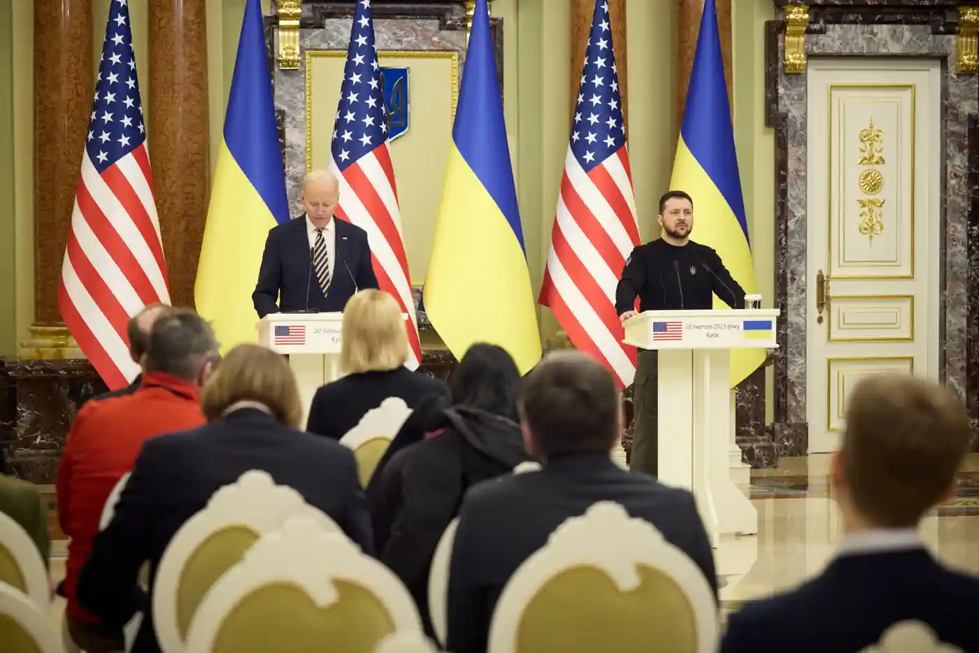 The President of Ukraine Volodymyr Zelenskiy and US President Joe Biden holding a joint press news briefing in Kyiv, Defense Express