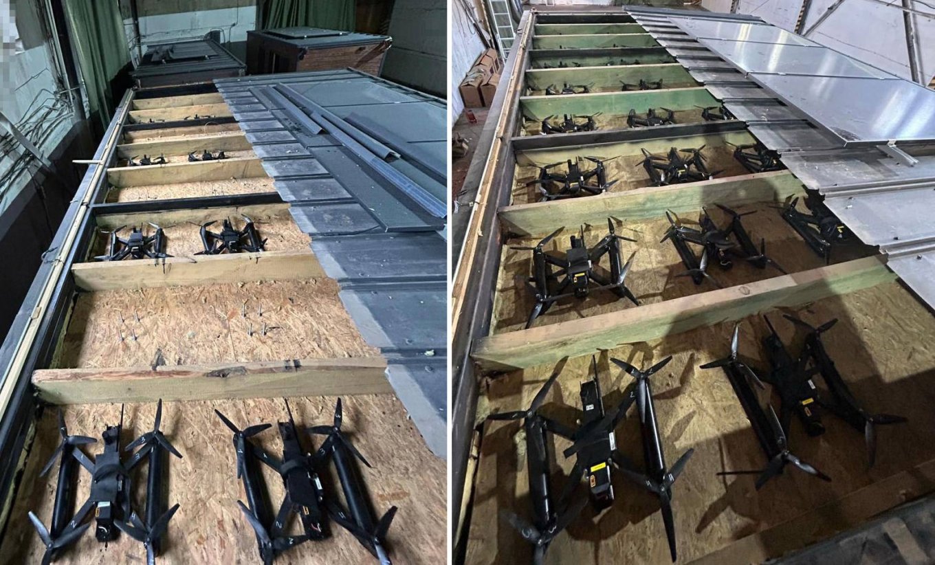 Ukrainian drones in their launch pads under the roof of the fake houhes / Defense Express / First Contact Osa Were the Ukrainian FPV drones that Destroyed russian Tu-95MS, Tu-22M3, and Tu-160 Strategic Bombers