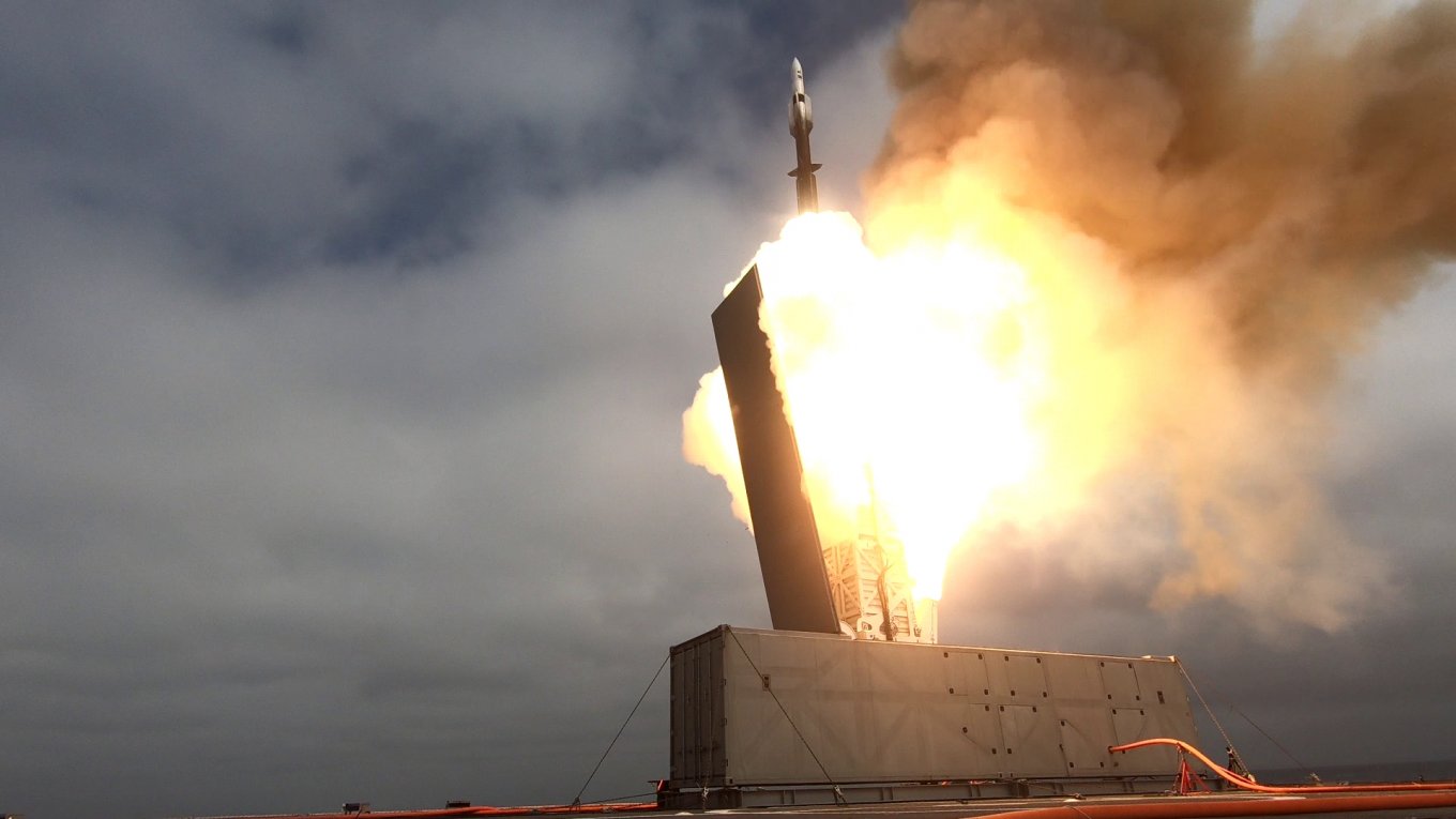 Launch of an SM-6 from an Mk70 module the vertical launcher planned for the largest Saildrone