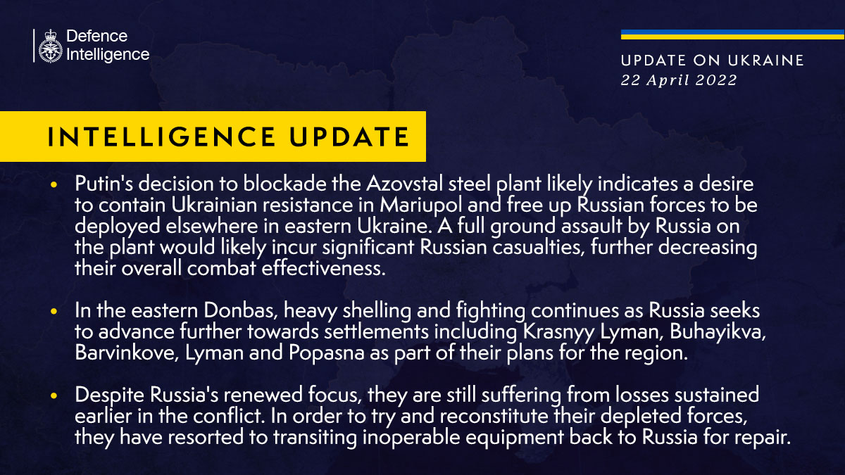 British Latest Defense Intelligence posted an update on the situation in Ukraine as of 22 April 2022, Defense Express, war in Ukraine, Russian-Ukrainian war