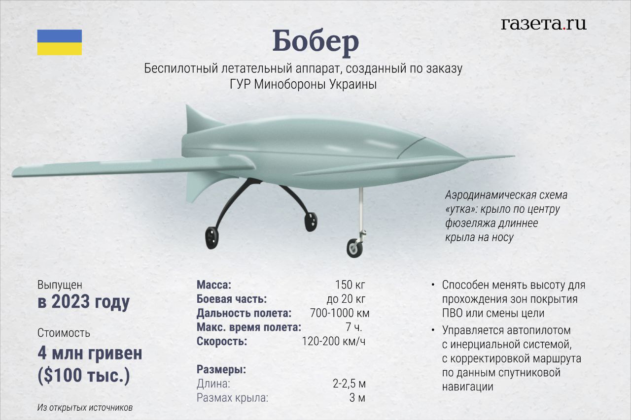 An infographic showing the researchers' assumptions about the performance of a kamikaze drone under the conditional name Beaver, Ukrainian Long-range Weapons Hit a Target in Russia at a Distance of 700 km, Defense Express