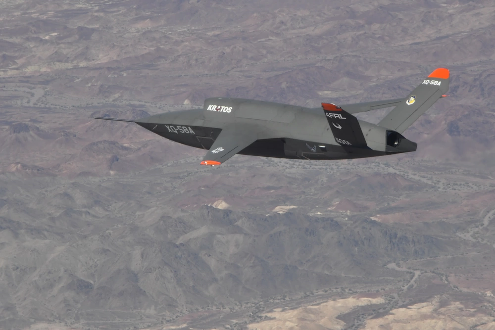 Kratos XQ-58a Valkyrie drone during the test of unmanned aerial vehicle capabilities for the USAF
