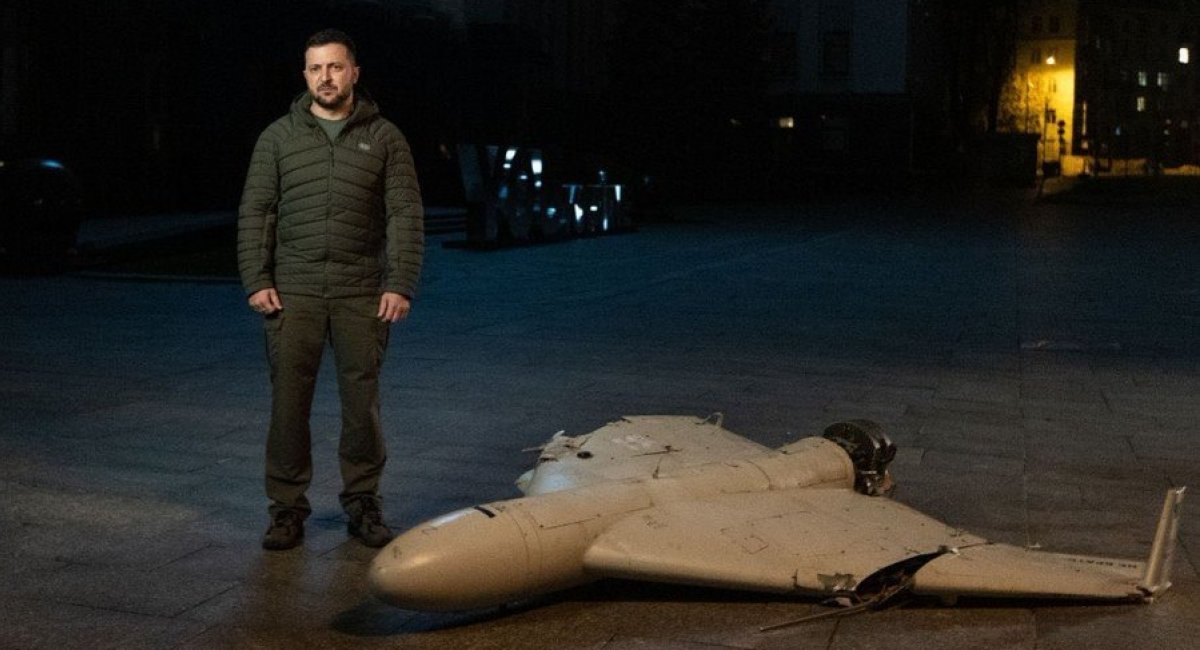 Ukrainian President Volodymyr Zelenskyy stands next to the wreckage of an Iranian Shahed-136 drone, which Iran denies having supplied to Russia, and which Russia uses to attack Ukrainian cities