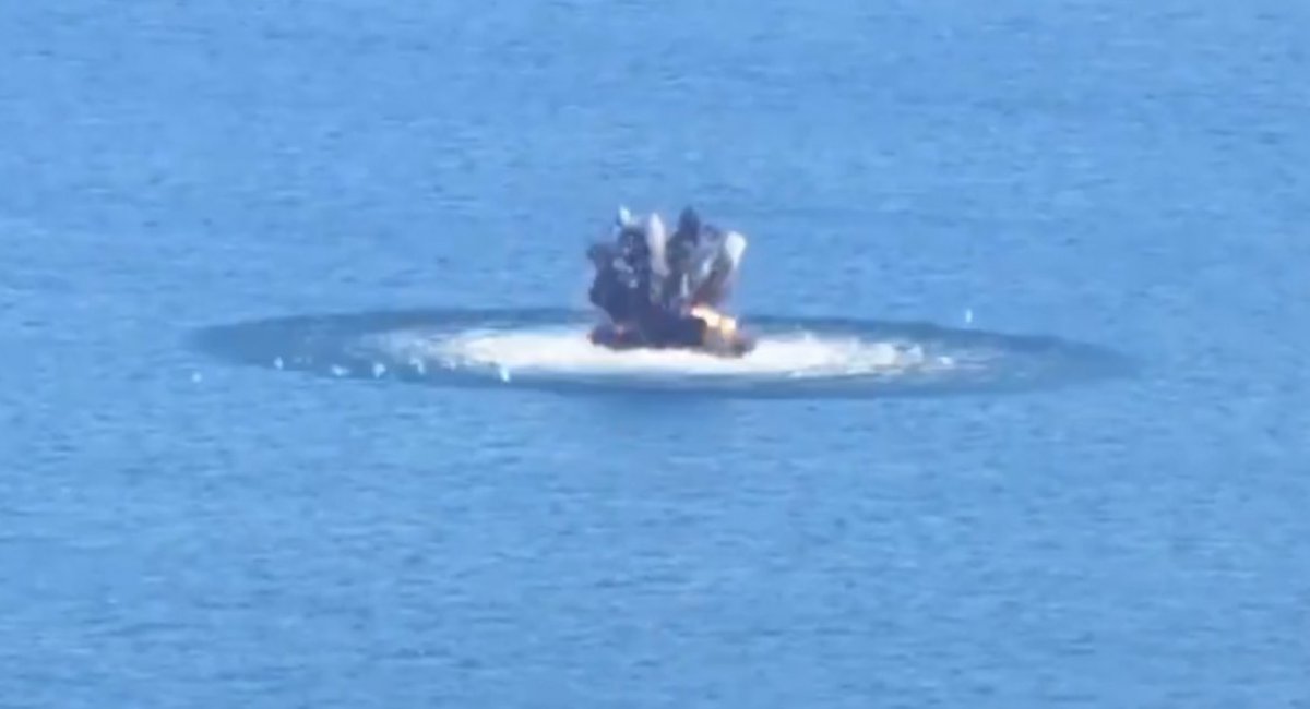 Moment of the Ukrainian Navy striking an unidentified russian naval drone / Screenshot from video