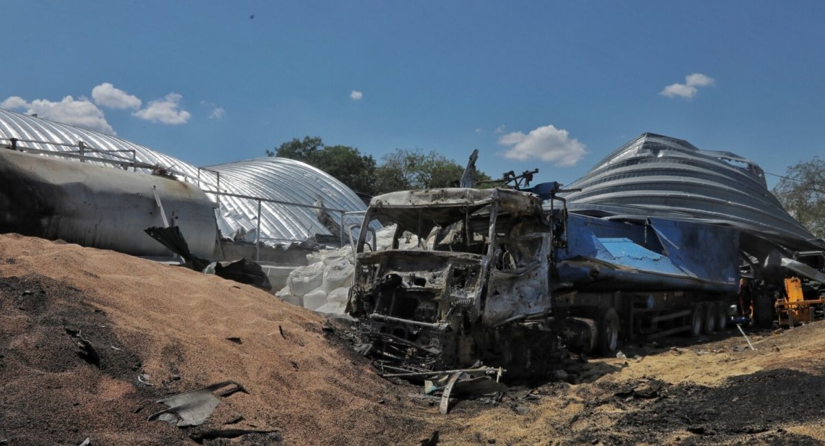 Grain warehouse and damaged truck was destroyed by a russian missile attack on the territory of an agricultural company in the village of Pavlivka, Odessa region, Ukraine, July 21, 2023