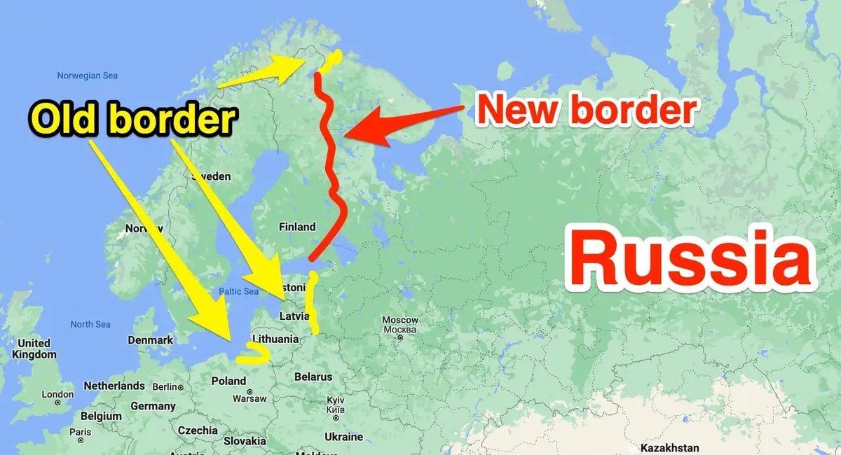 A map showing how NATO's current border with Russia compares to its border if Sweden and Finland join. Google Maps/Insider