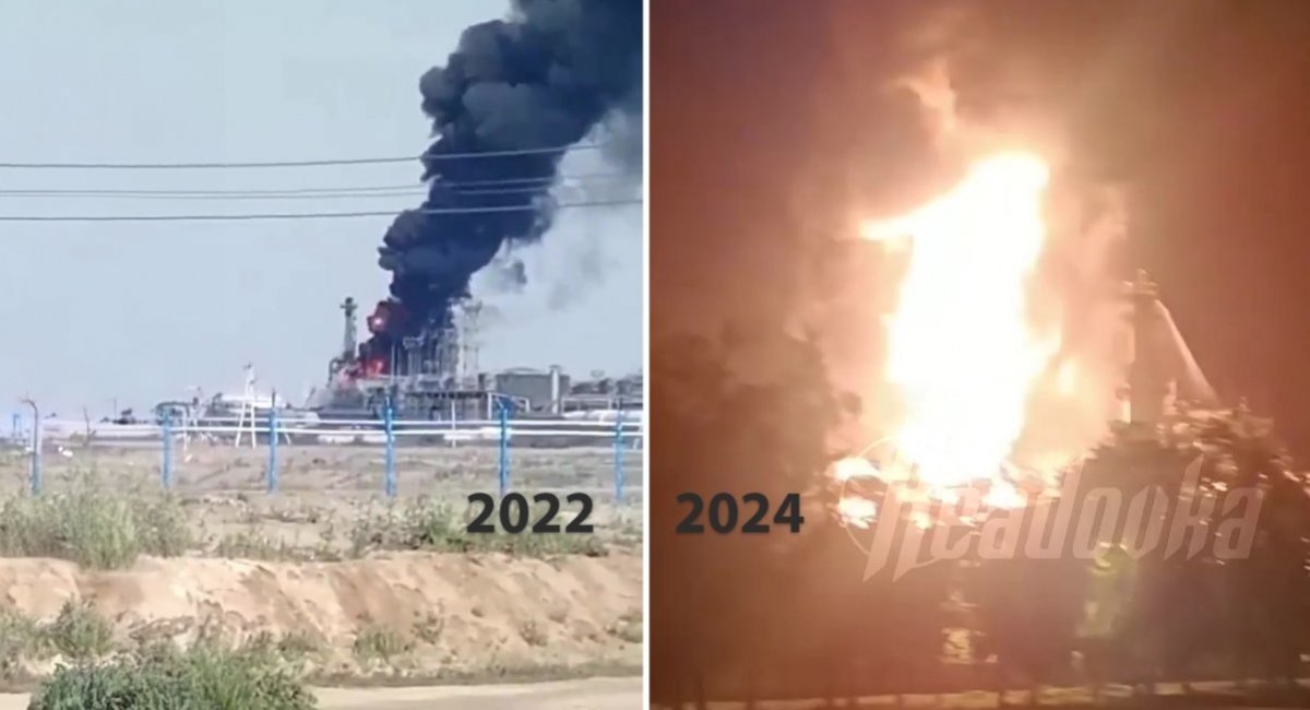 Novoshakhtinsk oil refinery on fire, as compared to the Ukrainian strike from two years ago / Open-source photos, collage by Defense Express