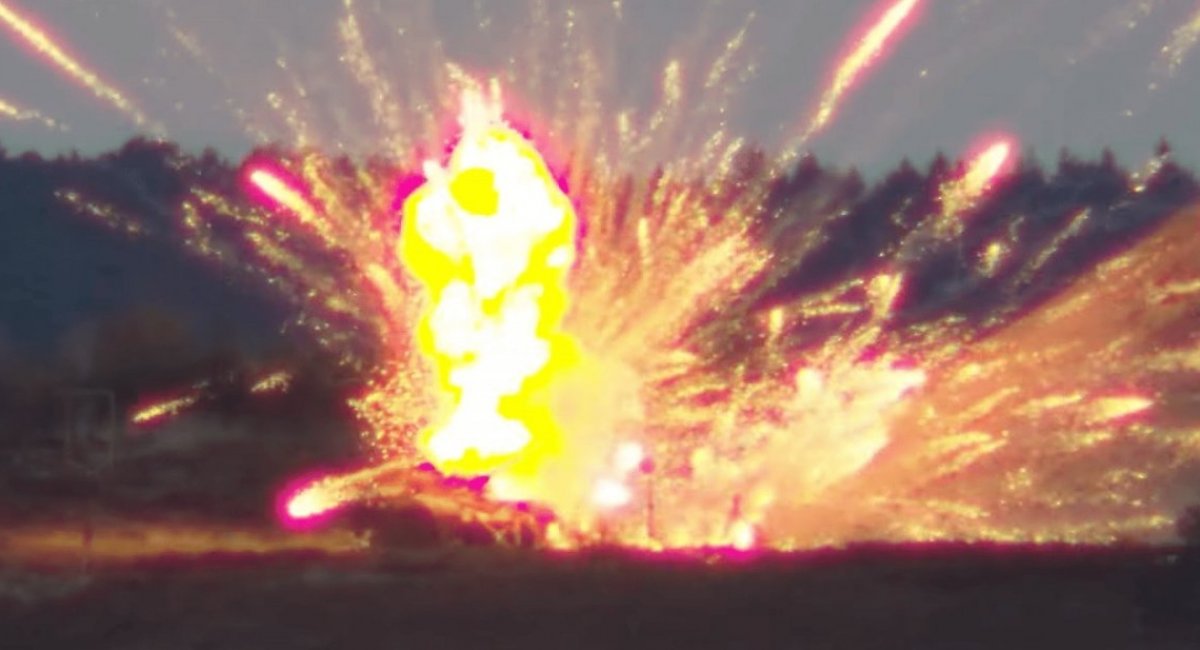 Moment of impact on training target in the form of tank hull by FV-014 kamikaze drone / Video frame