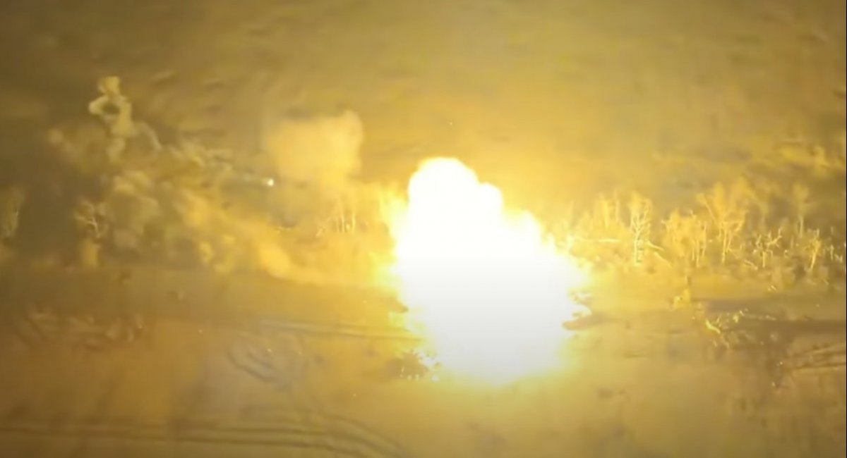 The russian military equipment on fire / screenshot from video 