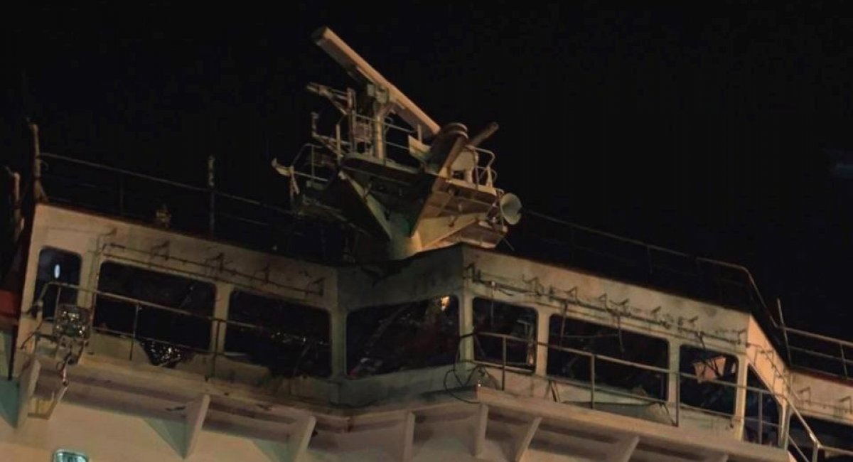 The superstructure of a civilian vessel flying the flag of Liberia was hit by russia’s missile at the moment of its entry into one of Ukraine’s port / Photo: Defense Forces of Southern Ukraine / Telegram