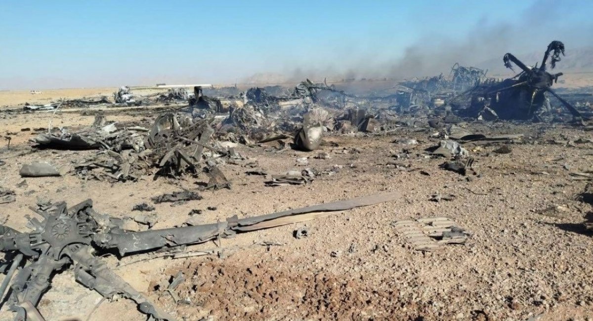 Remains of two destroyed MC-130J Commando IIs and several MH-6 Little Birds at forward base in iran / Photo from social media