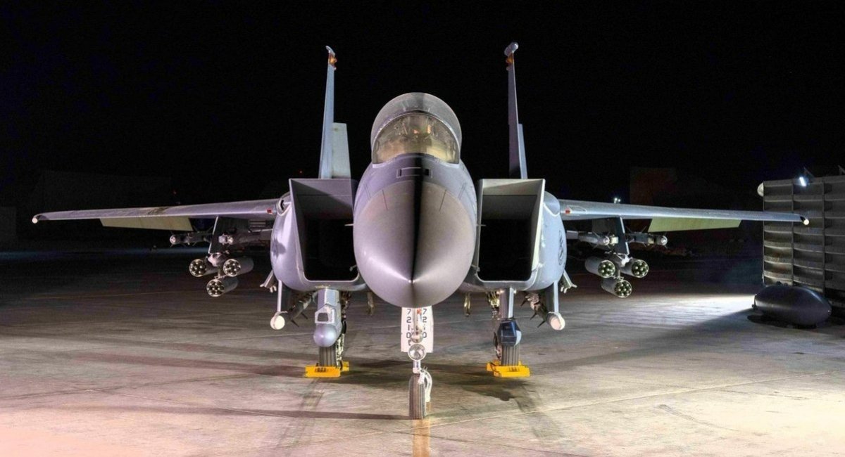 F-15E Strike Eagle in the Middle East, equipped with an armament package including APKWS II for counter-drone operations / Photo credit: DoW