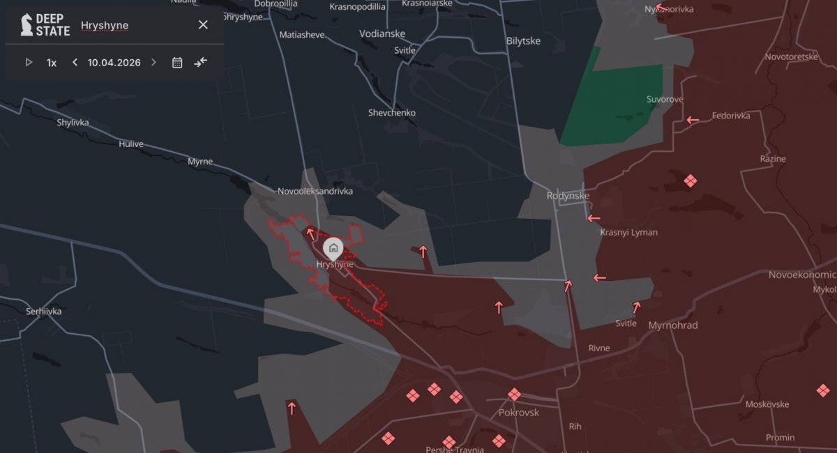 Hryshyne and Myrnohrad / screenshot from DeepStateMap 