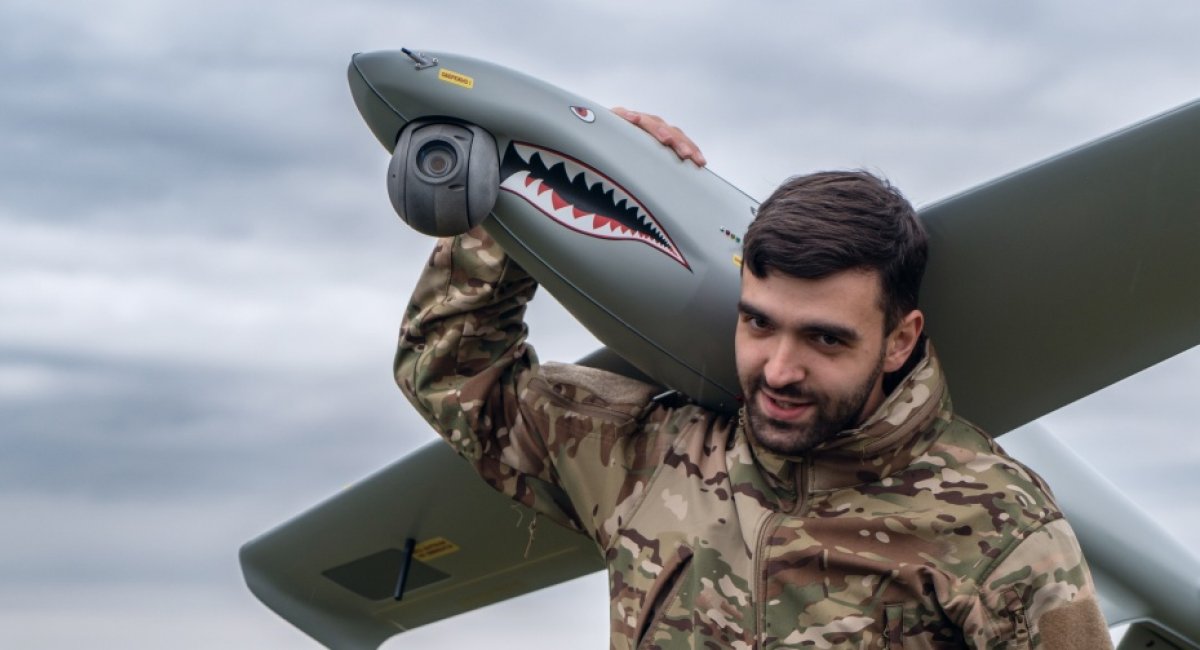 Shark UAV carried by a Ukrainian serviceman / Photo credit: OKKO, Come Back Alive Foundation