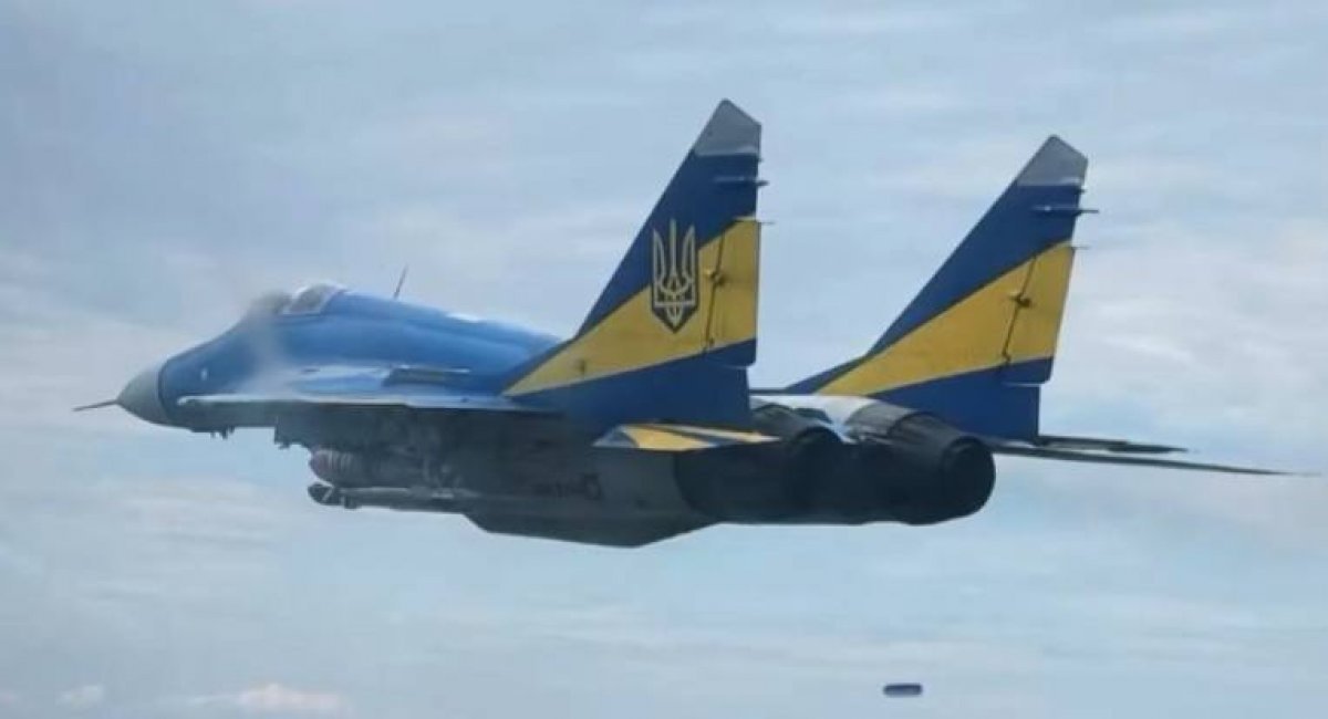 A Ukrainian Air Force MiG-29 carrying a domestically developed guided bomb, Ukraine's counterpart to russia's UMPK glide-bomb kit, developed by the Medoid Design Bureau