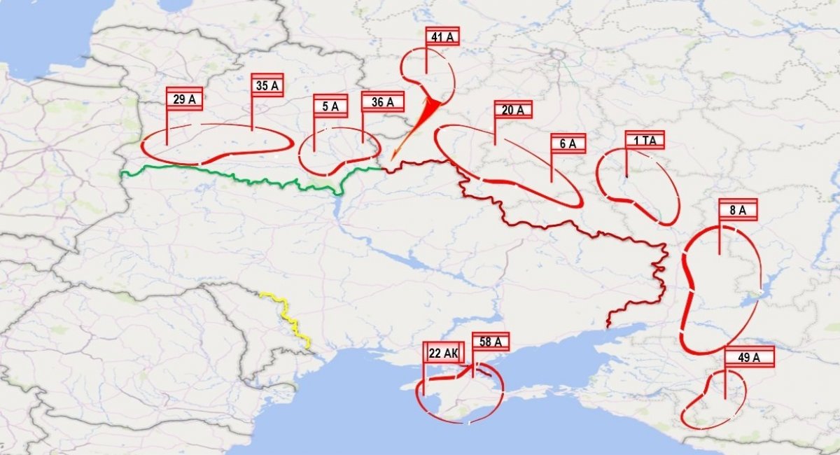 A map of Russian combined arms armies' (CAA) presence near Ukraine as for February 5 / Photo credit, info: Twitter, Konrad Muzyka - Rochan Consulting