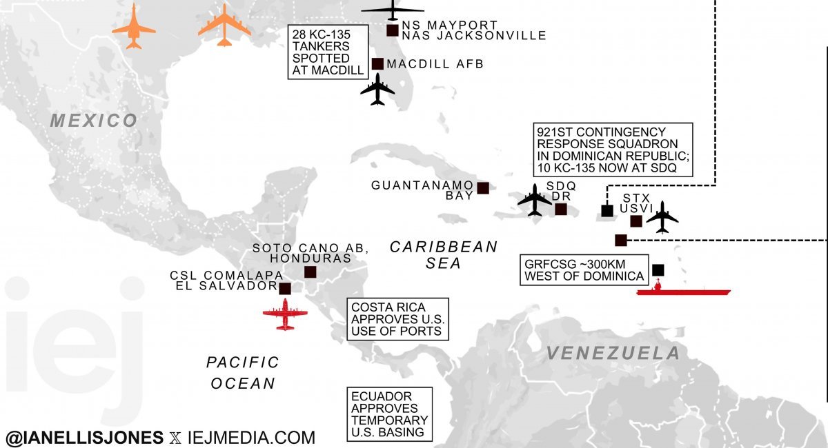 Infographic showing the grouping of U.S. troops deployed near Venezuela / Photo credit: @ianellisjones