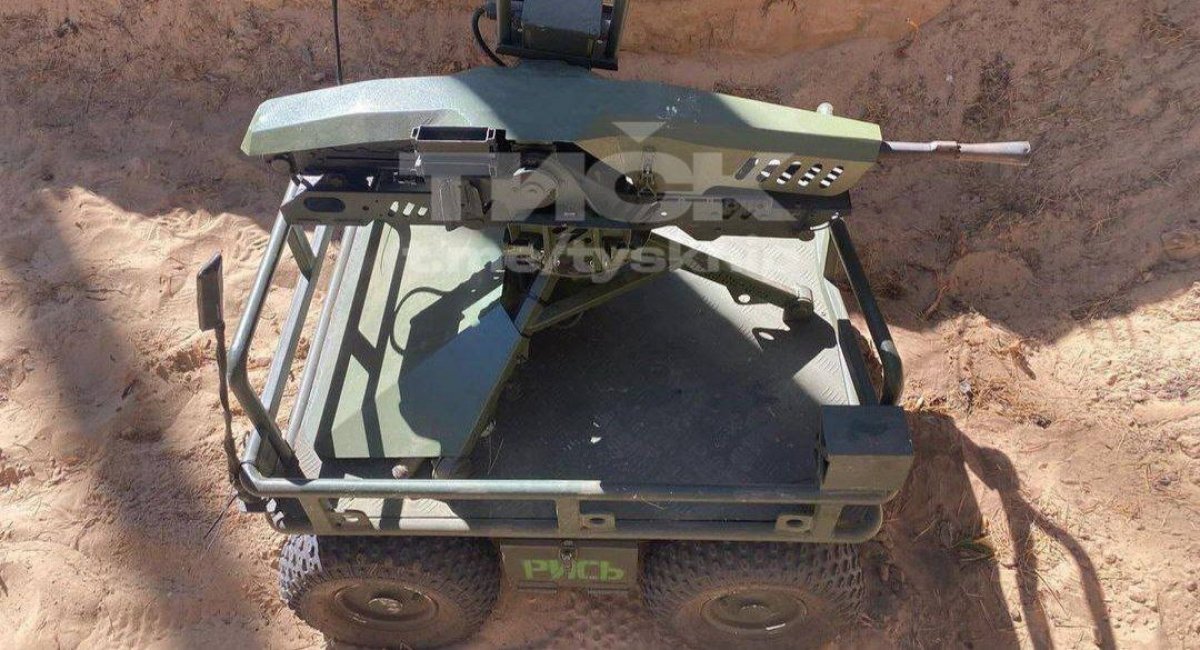 Rys (Lynx) unmanned ground vehicle equipped with a ShaBlia remotelycontrolled weapon station on the frontline / Photo credit: NIP Tysk