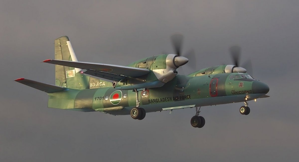 Antonov An-32A(B) transport airplane in service with the Bangladesh Air Force (tail number S3-ACA, side number 17-01) while under refurbishment in Kyiv, 2011