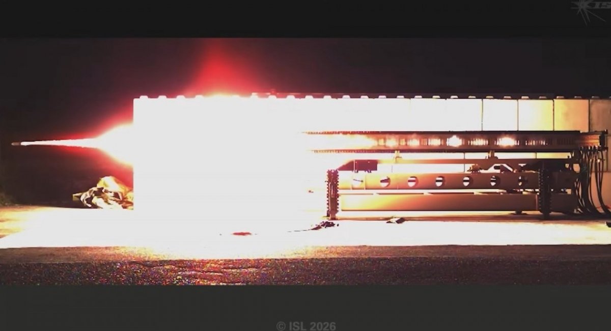 Projectile leaving railgun barrel during first testing at new range / Video frame