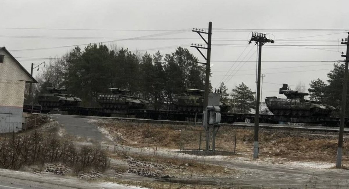 Russian Terminator tank support fighting vehicles  were spotted near the border of Ukraine in the Bryansk region