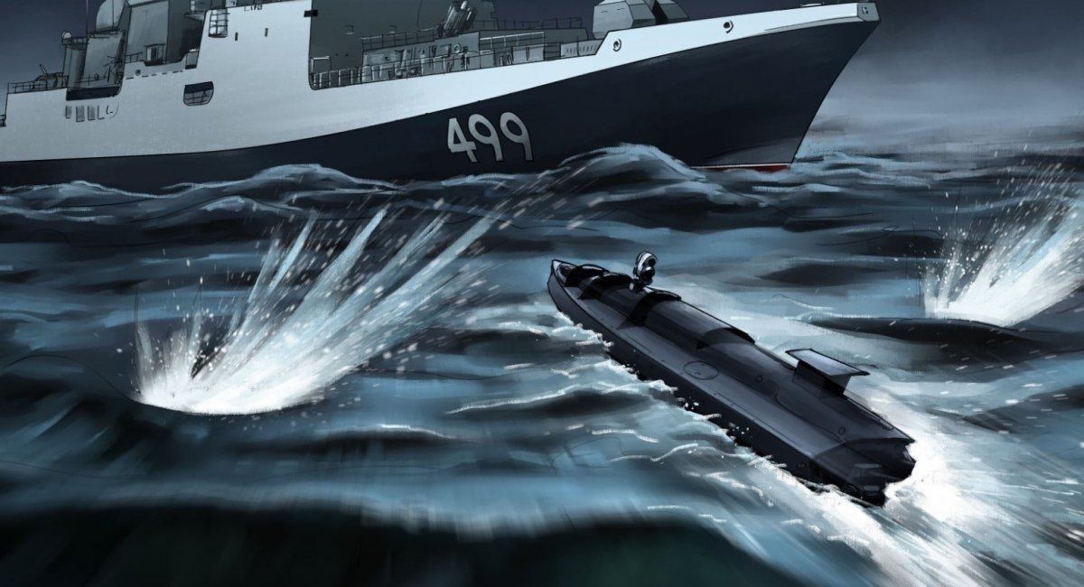 Ukrainian naval drone attacks the russian Admiral Makarov frigate, October 29, 2022 / Open source illustrative image 
