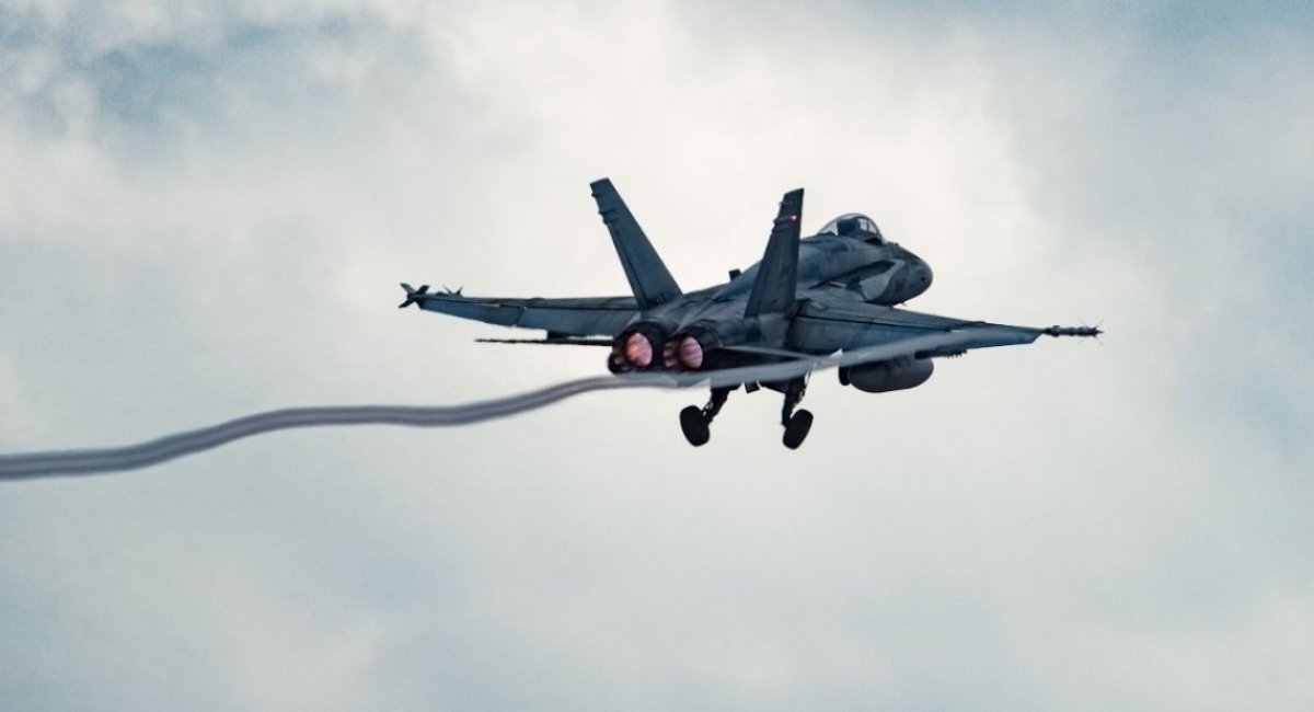 A Royal Canadian Air Force (RCAF) CF-18 Hornet fighter jet from Operation REASSURANCE's Air Task Force Romania