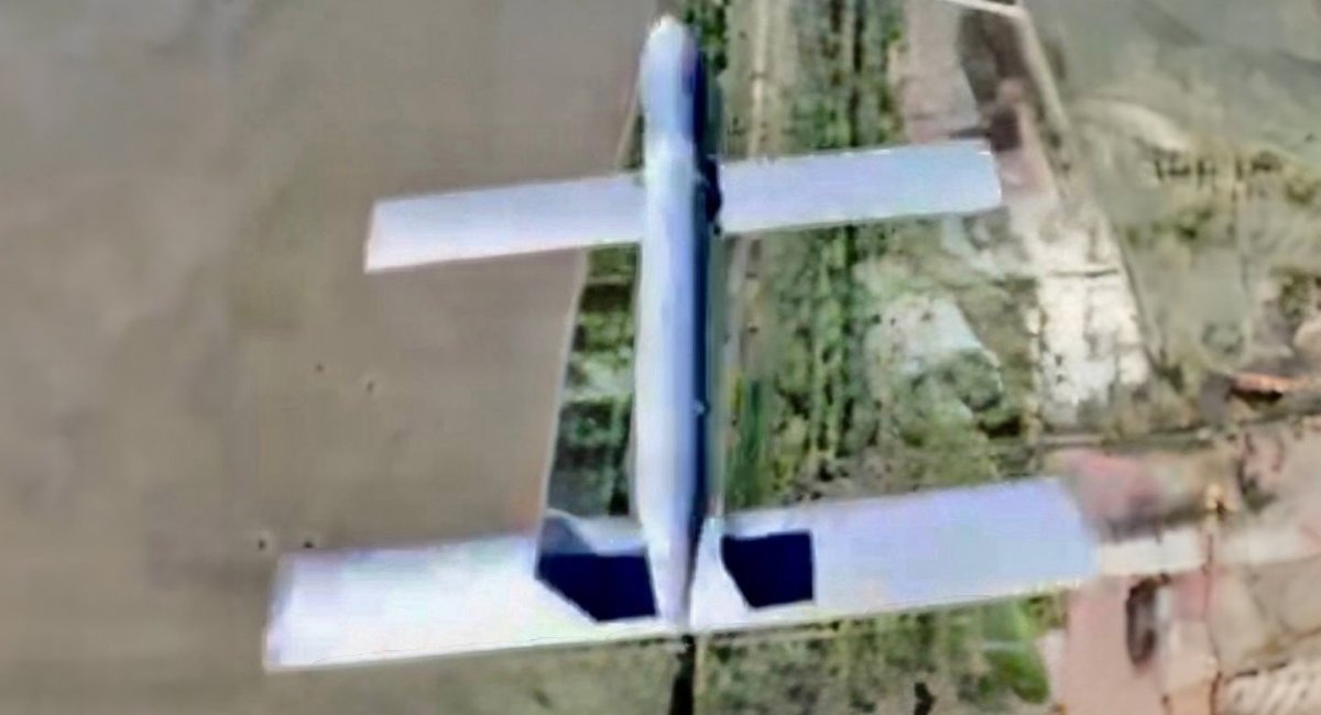 Photo of the new russian long-range loitering munition with a terrain-matching guidance system in the POV of a Ukrainian Interceptor drone / Photo credit: Serhii "Flash" Beskrestnov