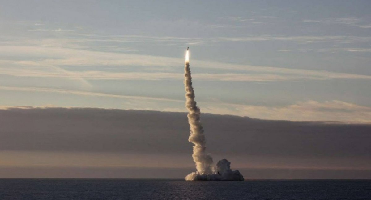 Launch of an R-30 Bulava intercontinental ballistic missile from a Project 955 Borei or Project 955A Borei-A nuclear submarine