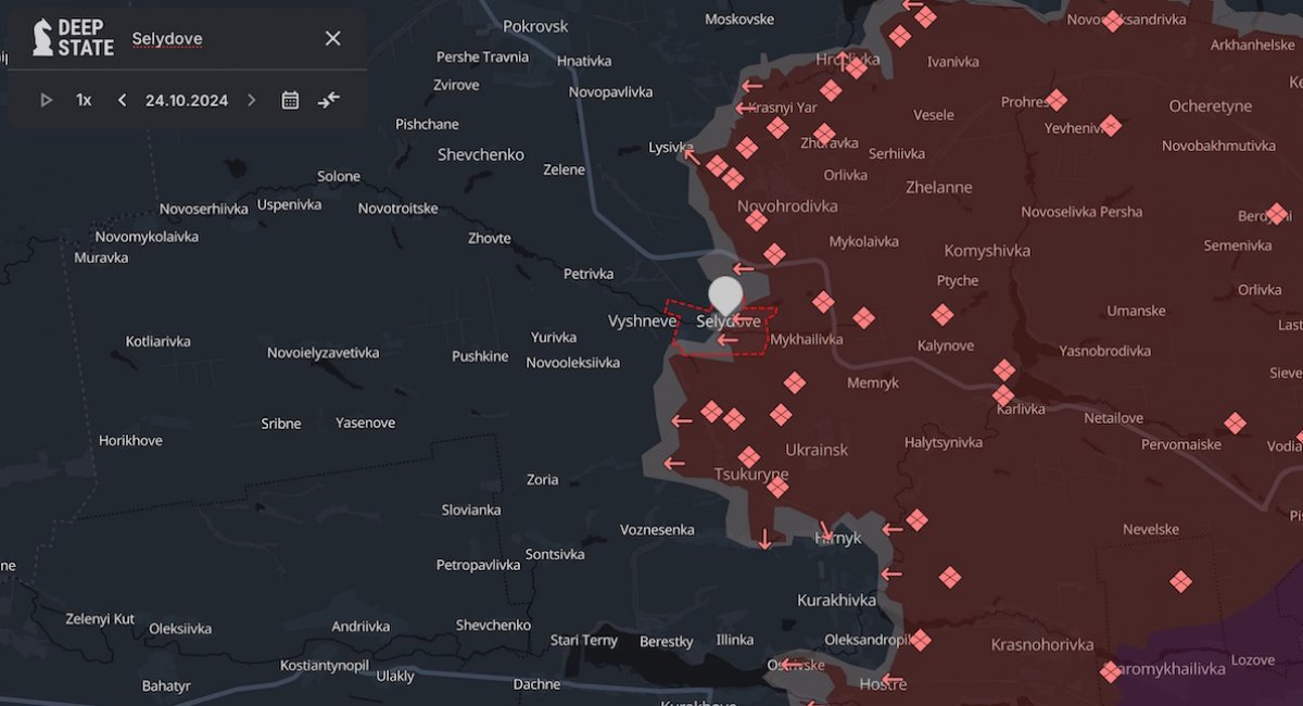 russia’s recent efforts to capture Selydove could open a new path towards the key hub of Pokrovsk / screenshot from DeepStateMap 