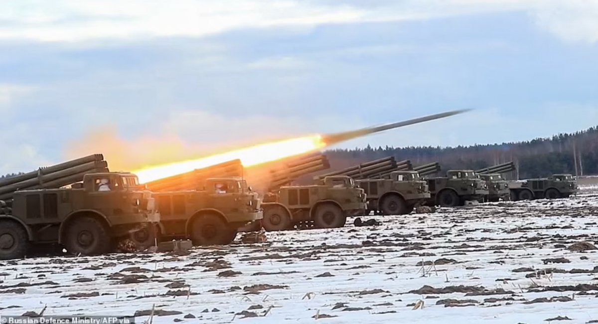 Thousands of American, British and other European citizens have now been told to get out of Ukraine amid a threat of a Russian attack. (Pictured: Hurricane rocket launcher during Russian-Belarusian drill on Saturday, Fabruary 12)