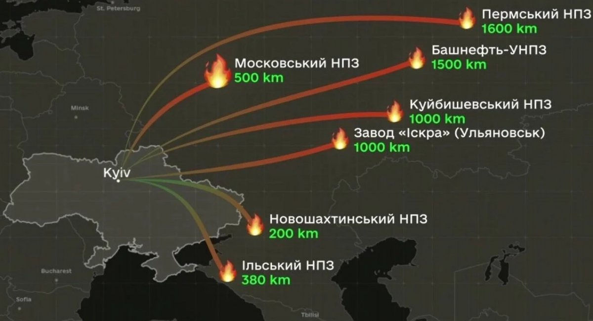 Ukrainian forces struck six russian oil refineries with a combined annual processing capacity of approximately 53.6 million tonnes / Screenshot from video 