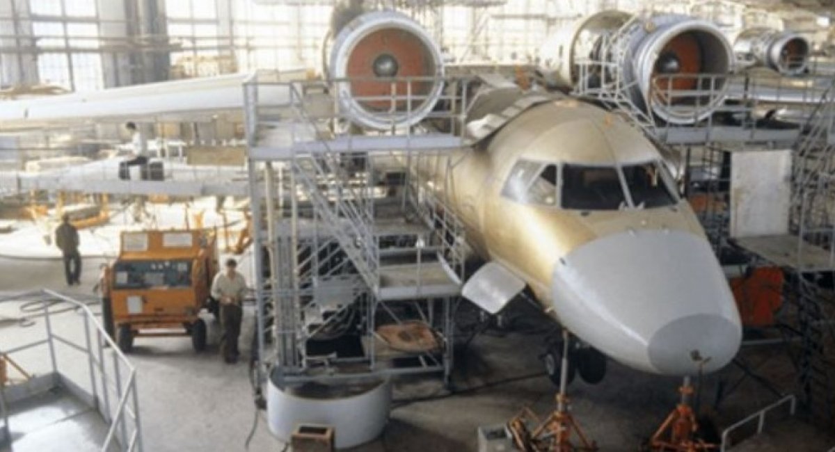 Antonov An-74 military transport seen in an assembly hall at Kharkiv Aircraft Plant