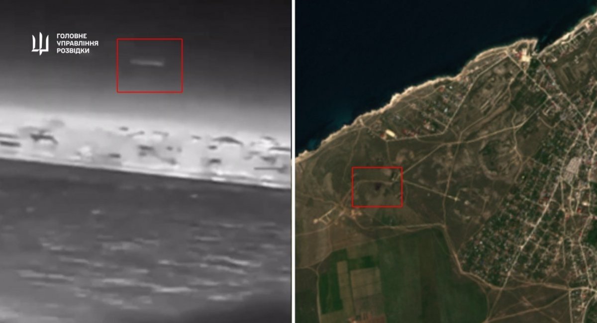 Still image from the drone and satellite imagery. Collage by Defense Express / Credits: Defense Intelligence of Ukraine, European Space Agency