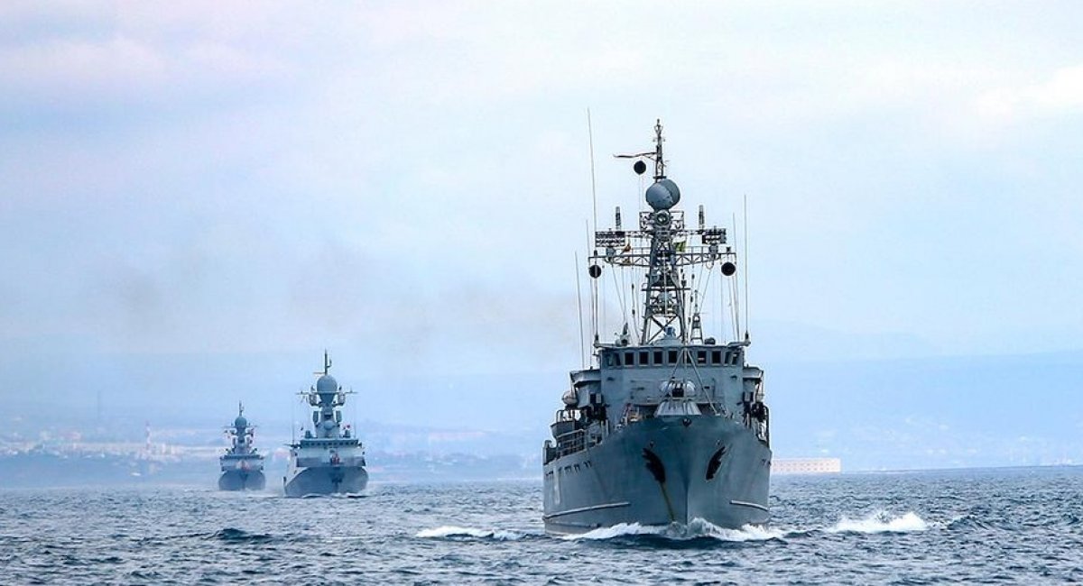 Russian navy ships sailing during navy drills in the Black Sea